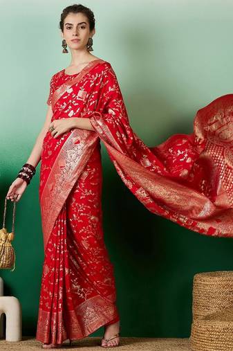 Red ethnic motif zari woven kanjeevaram saree with blouse