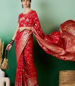 Red ethnic motif zari woven kanjeevaram saree with blouse