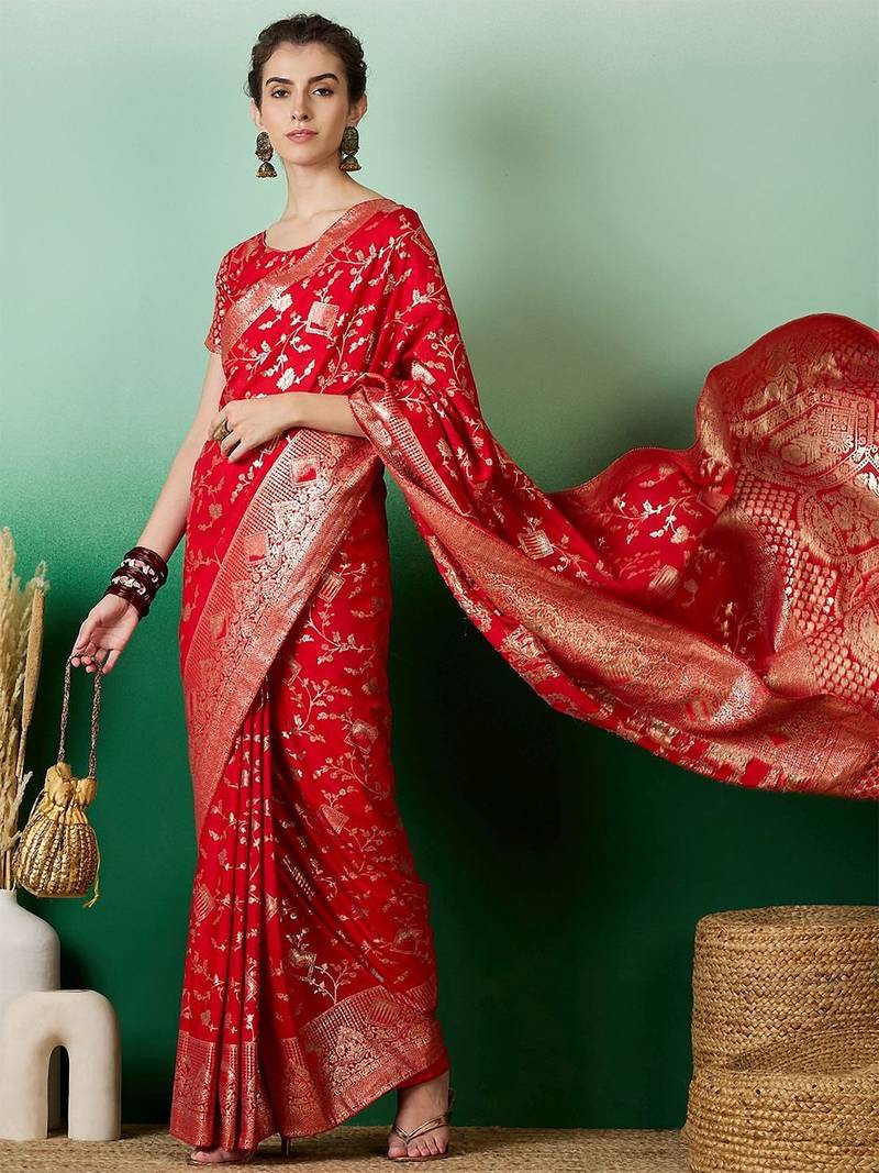 Red ethnic motif zari woven kanjeevaram saree with blouse