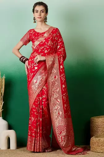 Red ethnic motif zari woven kanjeevaram saree with blouse
