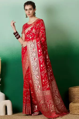 Red ethnic motif zari woven kanjeevaram saree with blouse