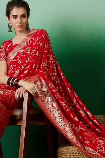 Red ethnic motif zari woven kanjeevaram saree with blouse