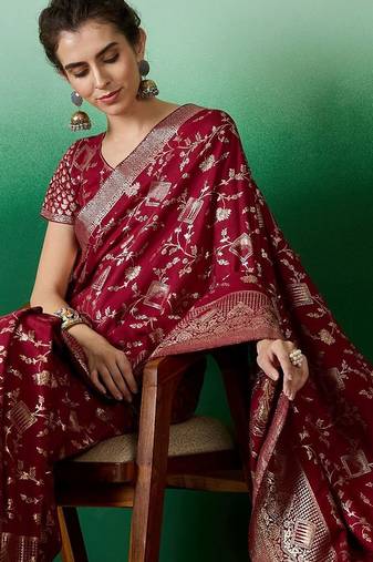 Maroon ethnic motif zari woven kanjeevaram saree with blouse