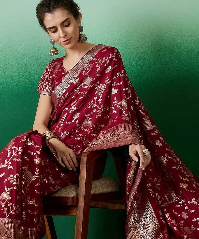 Maroon ethnic motif zari woven kanjeevaram saree with blouse