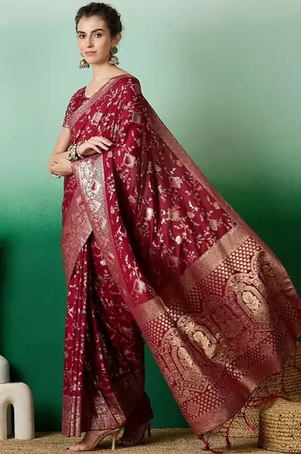 Maroon ethnic motif zari woven kanjeevaram saree with blouse