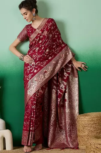 Maroon ethnic motif zari woven kanjeevaram saree with blouse
