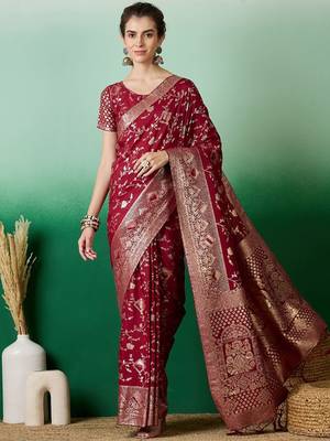 Maroon ethnic motif zari woven kanjeevaram saree with blouse 5