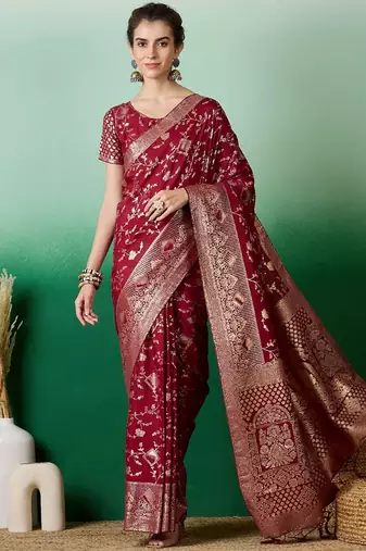 Maroon ethnic motif zari woven kanjeevaram saree with blouse