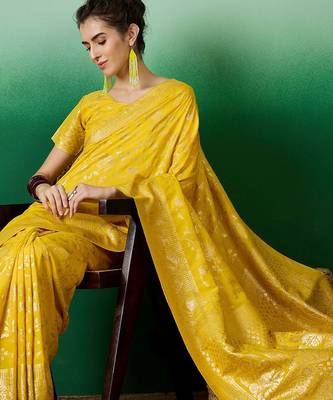 Yellow ethnic motif zari woven kanjeevaram saree with blouse piece 1