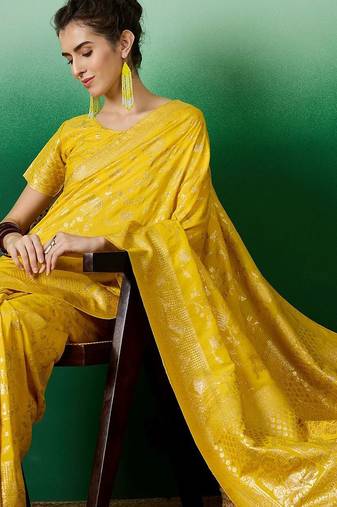 Yellow ethnic motif zari woven kanjeevaram saree with blouse piece