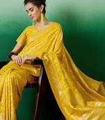 Yellow ethnic motif zari woven kanjeevaram saree with blouse piece