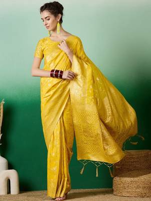 Yellow ethnic motif zari woven kanjeevaram saree with blouse piece 2