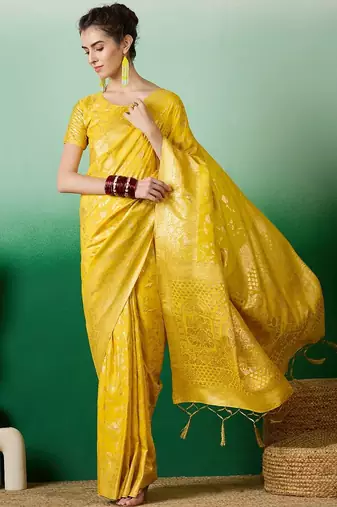 Yellow ethnic motif zari woven kanjeevaram saree with blouse piece