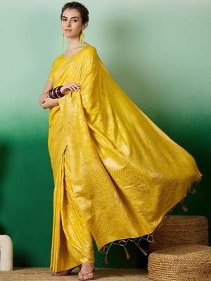 Yellow ethnic motif zari woven kanjeevaram saree with blouse piece 3