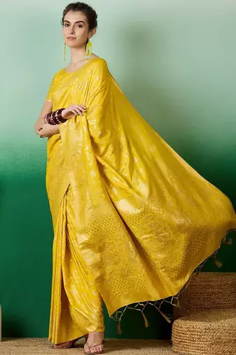 Yellow ethnic motif zari woven kanjeevaram saree with blouse piece