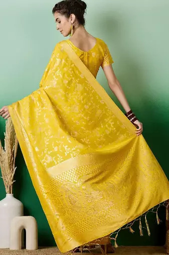 Yellow ethnic motif zari woven kanjeevaram saree with blouse piece