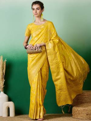 Yellow ethnic motif zari woven kanjeevaram saree with blouse piece 5