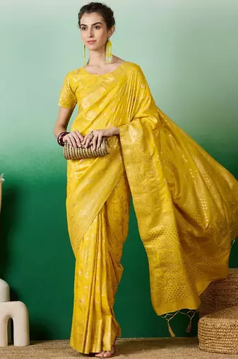 Yellow ethnic motif zari woven kanjeevaram saree with blouse piece