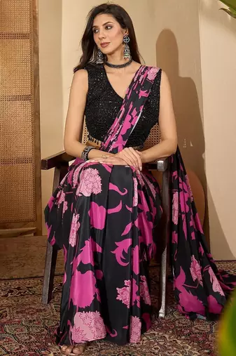 Purple women purple floral printed silk blend ready to wear saree with stitched blouse