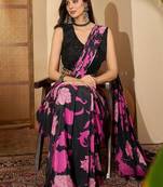 Purple women purple floral printed silk blend ready to wear saree with stitched blouse