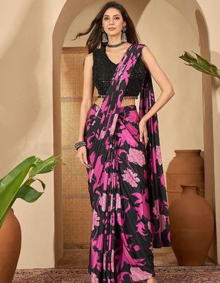 Purple women purple floral printed silk blend ready to wear saree with stitched blouse 3