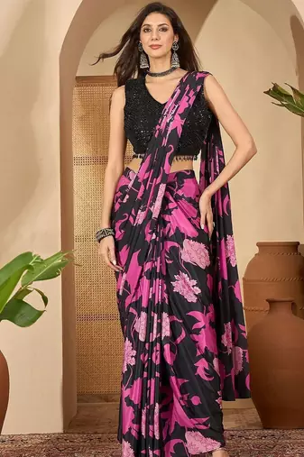 Purple women purple floral printed silk blend ready to wear saree with stitched blouse