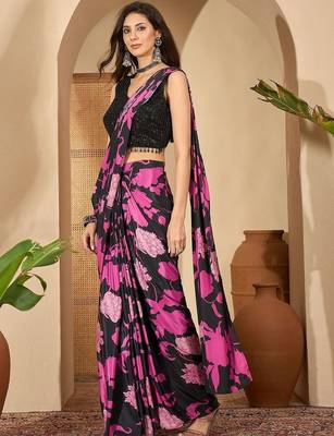 Purple women purple floral printed silk blend ready to wear saree with stitched blouse 4