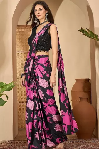 Purple women purple floral printed silk blend ready to wear saree with stitched blouse