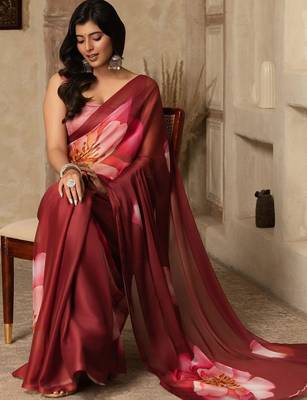Maroon digital printed super soft saree with unstitched blouse 1