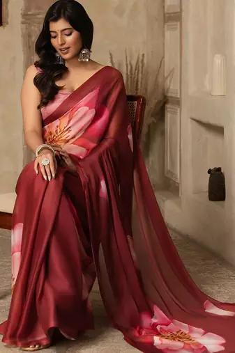 Maroon digital printed super soft saree with unstitched blouse