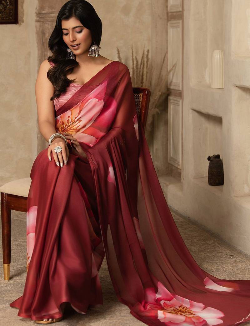 Maroon digital printed super soft saree with unstitched blouse