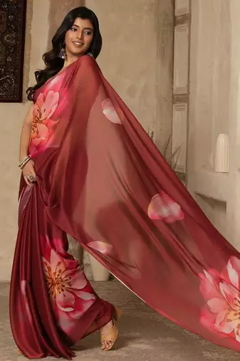 Maroon digital printed super soft saree with unstitched blouse