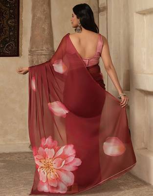 Maroon digital printed super soft saree with unstitched blouse 4