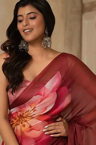 Maroon digital printed super soft saree with unstitched blouse