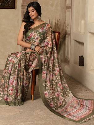 Olive digital printed super soft saree with unstitched blouse 1