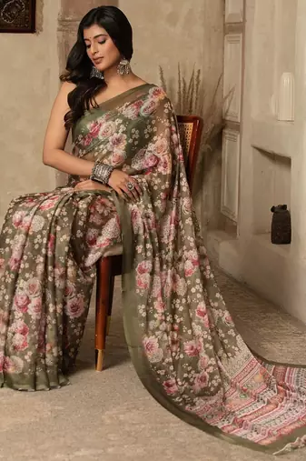 Olive digital printed super soft saree with unstitched blouse