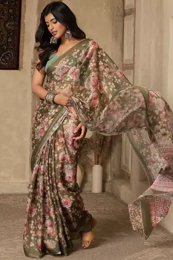 Olive digital printed super soft saree with unstitched blouse