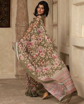 Olive digital printed super soft saree with unstitched blouse 3