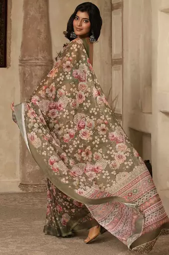 Olive digital printed super soft saree with unstitched blouse