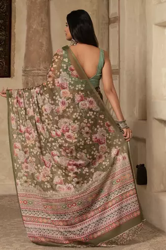 Olive digital printed super soft saree with unstitched blouse