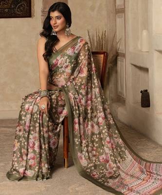 Olive digital printed super soft saree with unstitched blouse 5
