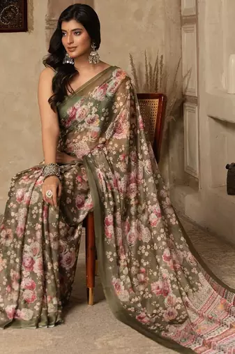 Olive digital printed super soft saree with unstitched blouse