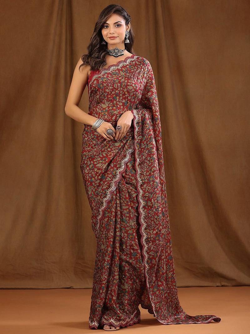 Maroon maroon floral printed beads and stones sarees