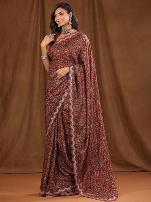 Maroon maroon floral printed beads and stones sarees 2