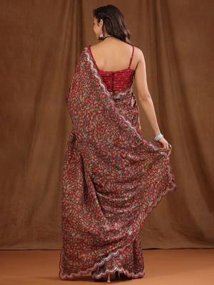 Maroon maroon floral printed beads and stones sarees 3
