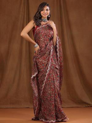 Maroon maroon floral printed beads and stones sarees 4