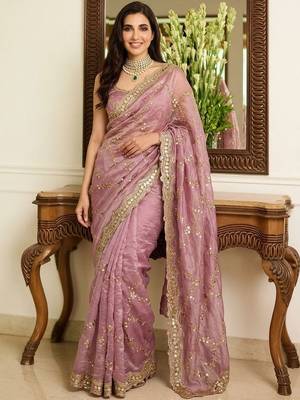 Pink embellished sarees with unstitched blouse piece 1