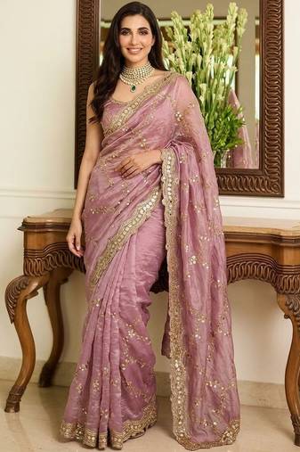 Pink embellished sarees with unstitched blouse piece