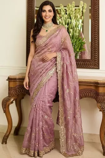 Pink embellished sarees with unstitched blouse piece