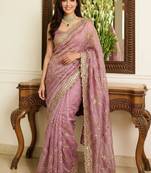 Pink embellished sarees with unstitched blouse piece